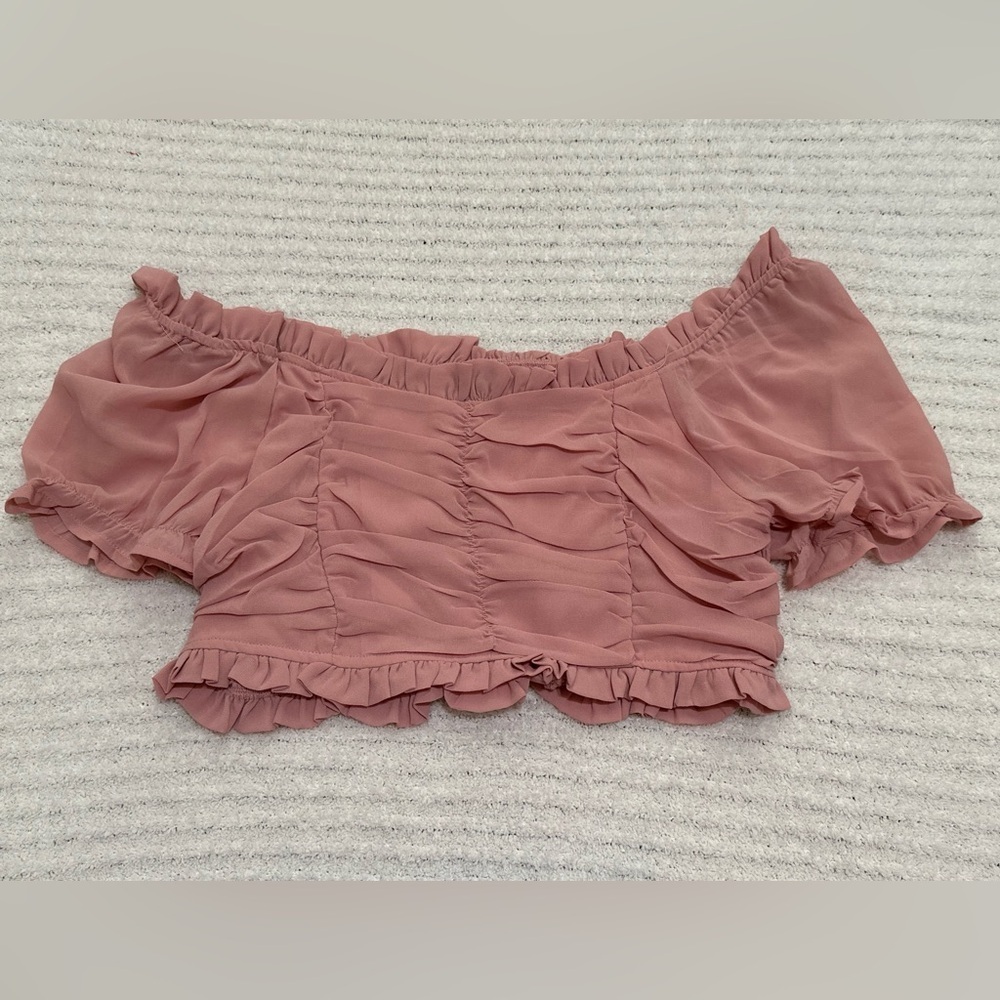 Papermoon Ruched Off-Shoulder Pink Crop Top - Picture 3 of 9